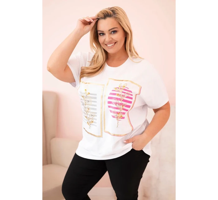 Dámská bavlněná halenka Plus Size s kamínky bílá + růžová