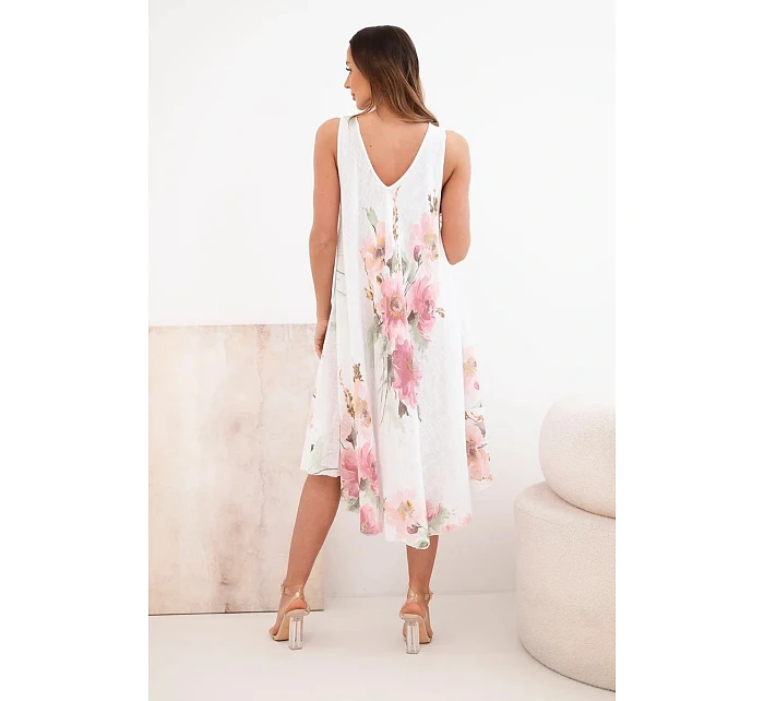 Dámské bavlněné oversize šaty s výstřihem do V a květinovým potiskem bílá