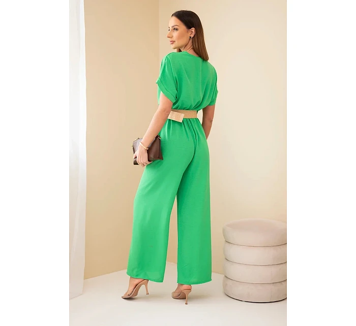 Kombinéza s ozdobným páskem v pase zelený
