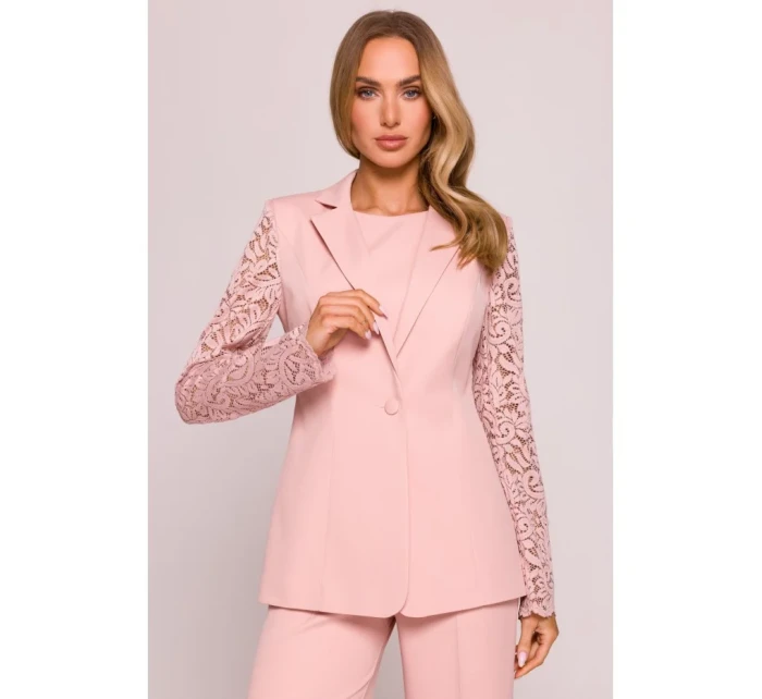 M865 Blejzr s krajkovými panely a jedním knoflíkem - pudrový