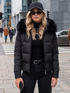 Dámská zimní prošívaná bunda s kožešinou, černá, FashionStreet TY5828