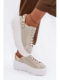 Kožené síťované dámské tenisky na platformě s páskem na podpatku D&A LR61-7088 béžové