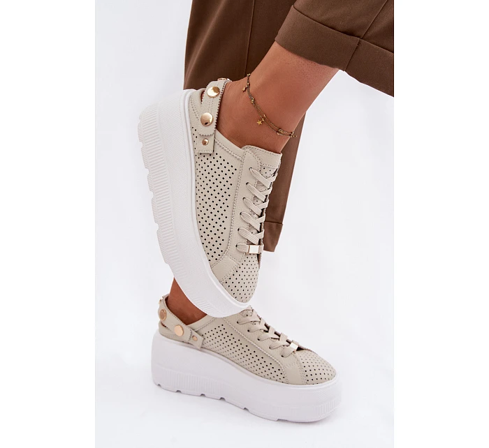 Kožené síťované dámské tenisky na platformě s páskem na podpatku D&A LR61-7088 béžové