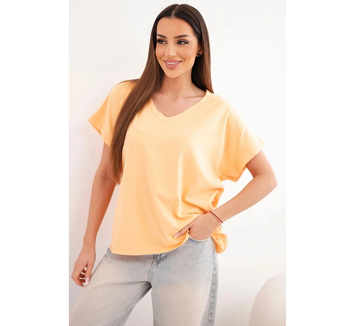 Dámská bavlněná halenka s výstřihem do V a krátkým rukávem broskvová