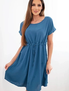 Dámské šaty s krátkým rukávem a vázáním v pase džínové