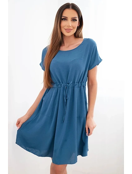 Dámské šaty s krátkým rukávem a vázáním v pase džínové Dámské šaty s krátkým rukávem a vázáním v pase džínové