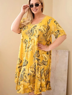 Dámské viskózové šaty Plus Size s krátkým rukávem a paisley střihem hořčicová