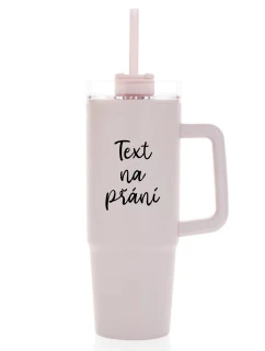 TEXT NA PŘÁNÍ - růžový cestovní termohrnek s průhledným víčkem 900 ml  