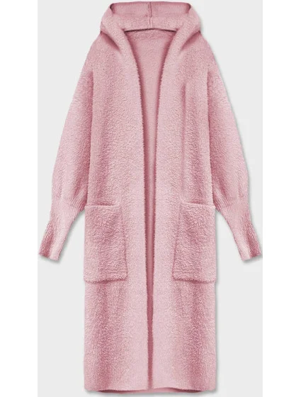 Bledě růžový dlouhý vlněný přehoz přes oblečení typu alpaka s kapucí (M105)