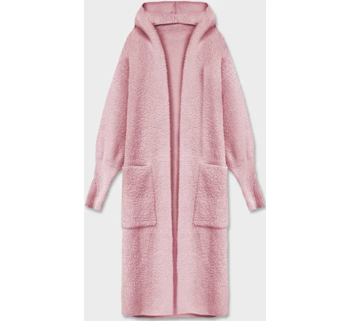 Bledě růžový dlouhý vlněný přehoz přes oblečení typu alpaka s kapucí (M105)