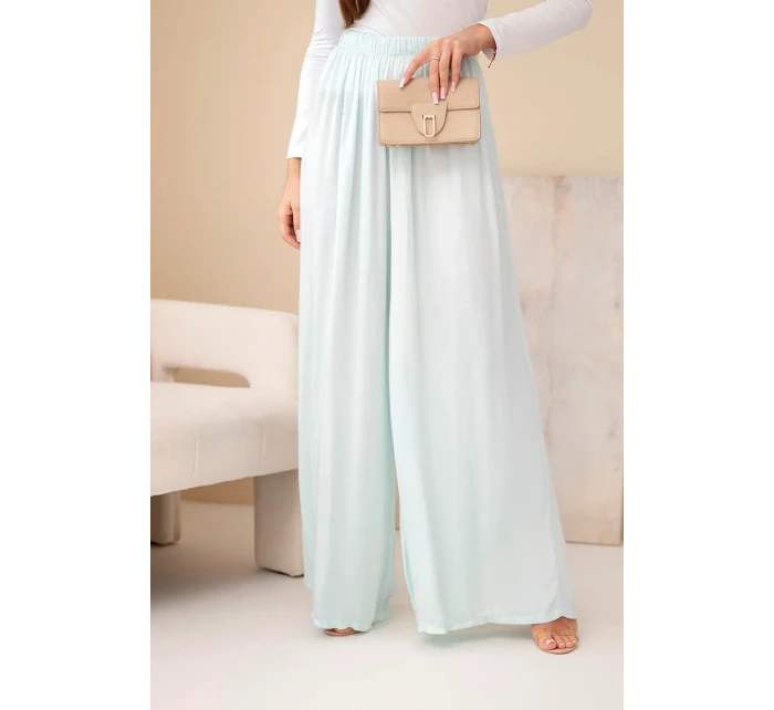Dámské široké viskózové kalhoty s gumou v pase mátové