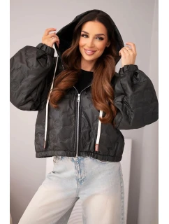 Dámská prošívaná bunda s kapucí a dekorativním květinovým ražením černá