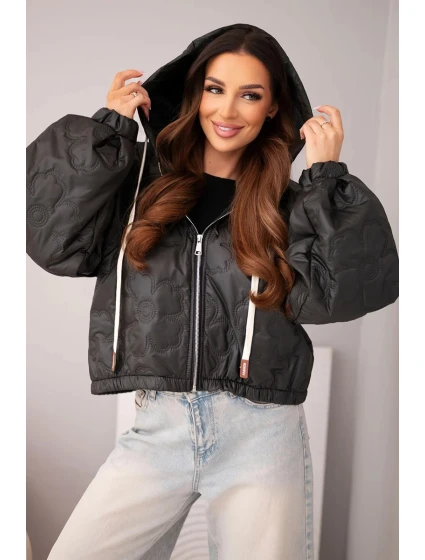 Dámská prošívaná bunda s kapucí a dekorativním květinovým ražením černá