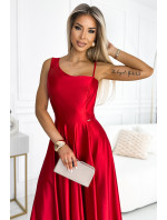 Dlouhé elegantní saténové šaty na jedno rameno Numoco - červené