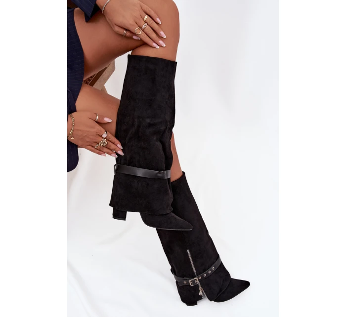 Dámské wsuwané kozačky nad koleno na sloupkovém podpatku s ozdobným páskem Jolivine – černé