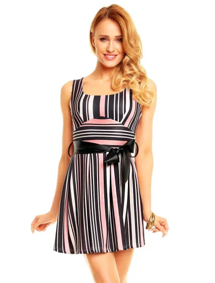 Dámské společenské šaty s páskem pruhované - Černo-bílá - House Style