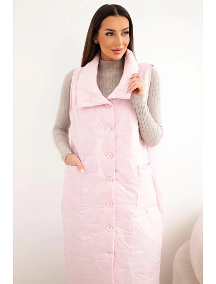 Dámská prošívaná dlouhá vesta s kapsami a stojáčkem bonbónově růžová
