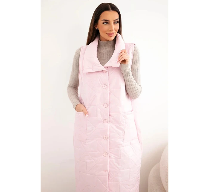Dámská prošívaná dlouhá vesta s kapsami a stojáčkem bonbónově růžová