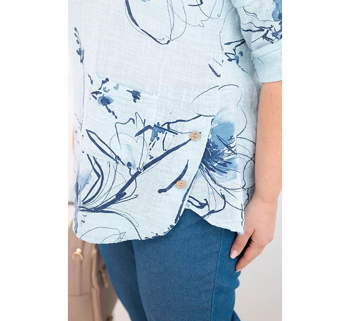 Dámská bavlněná halenka Plus Size s krátkým rukávem a kapsou modrá Dámská bavlněná halenka Plus Size s krátkým rukávem a kapsou modrá