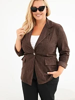 Dámské sako Plus Size manšestrové s klopami a kapsami hnědá