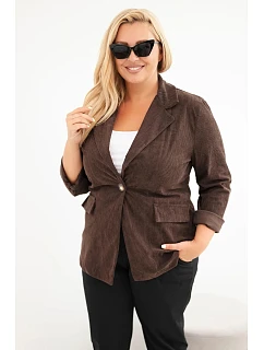 Dámské sako Plus Size manšestrové s klopami a kapsami hnědá