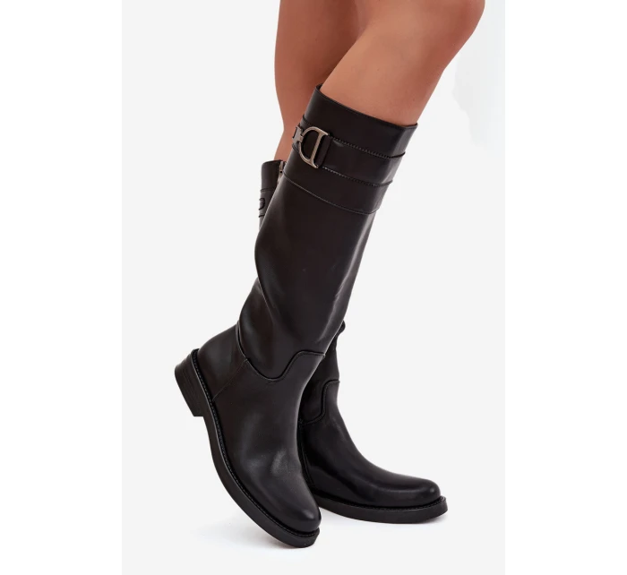 Dámské kozačky na nízkém podpatku s ozdobným detailem černé model 21707846 - Boto