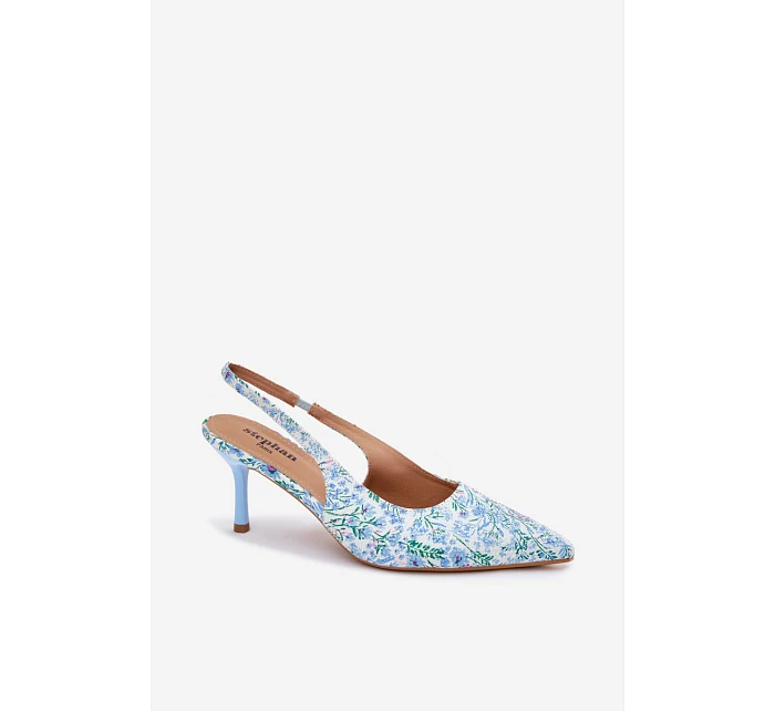 Ozdobené dámské sandály na jehlovém podpatku s květinovým vzorem modré model 22103131 - Boto