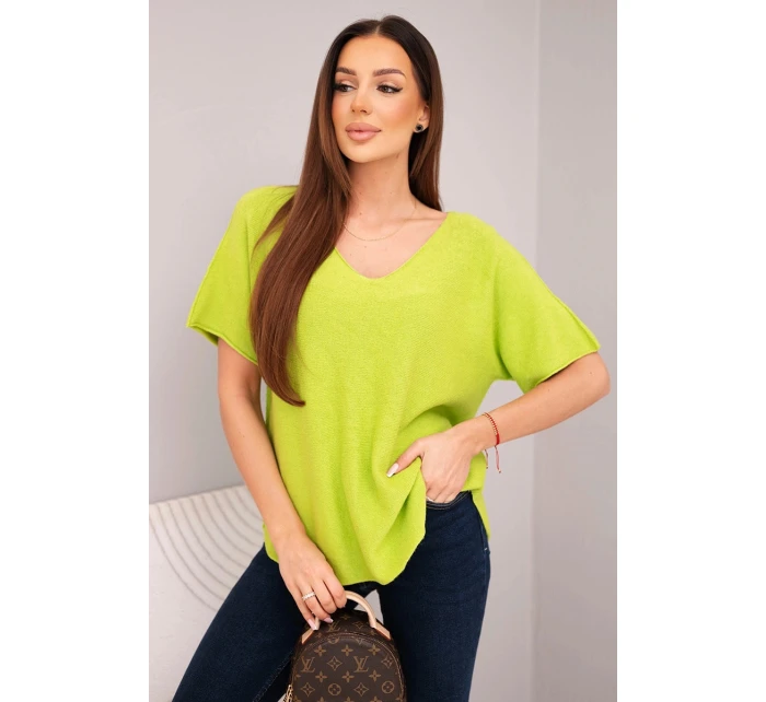 Dámská svetr s krátkým rukávem a výstřihem do V pistáciová Dámská svetr s krátkým rukávem a výstřihem do V pistáciová