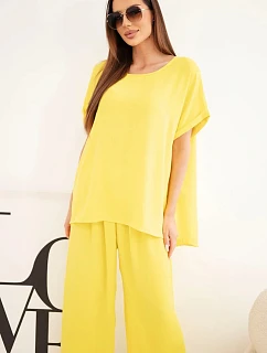 Dámský komplet Plus Size halenka a kalhoty se širokou nohavicí žlutý