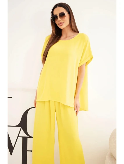 Dámský komplet Plus Size halenka a kalhoty se širokou nohavicí žlutý Dámský komplet Plus Size halenka a kalhoty se širokou nohavicí žlutý