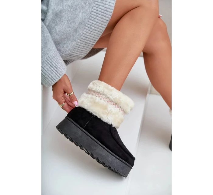 Dámské sněhule Deepanti na platformě s kožíškem a vzorem – černé