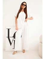 Dámský komplet Plus Size, halenka a kalhoty se širokými nohavicemi ecru