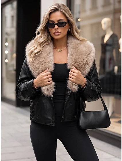 Kurtka damska skórzana zimowa z futerkiem czarna model 22371823 - FashionStreet