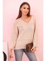 Dámský svetr z mohéru volného střihu s výstřihem do V béžový