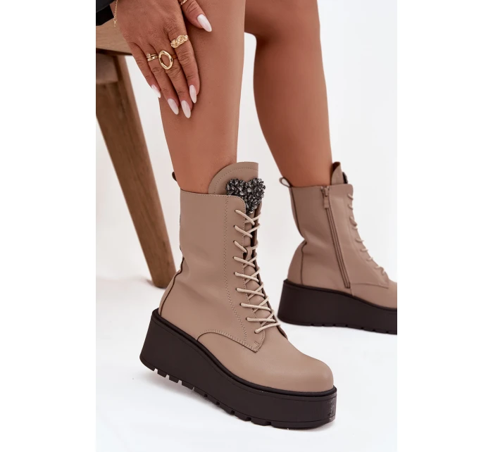 Dámské kožené botky Ulrika s ozdobou a zateplením – béžové