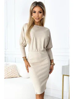 Béžové dámské žebrované šaty se stahovacími lemy na rukávech model 19444229 - numoco
