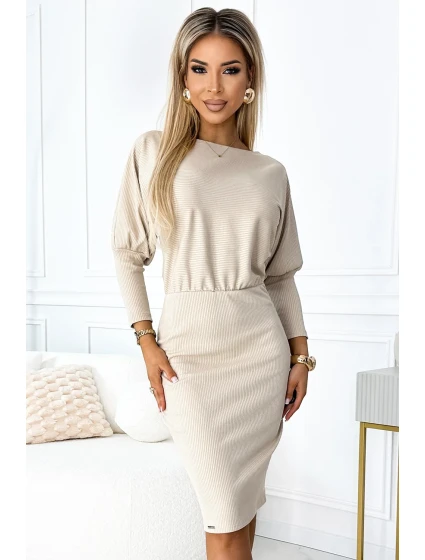 Béžové dámské žebrované šaty se stahovacími lemy na rukávech model 19444229 - numoco