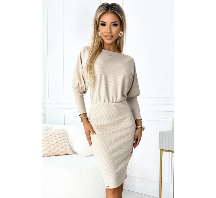 Béžové dámské žebrované šaty se stahovacími lemy na rukávech model 19444229 - numoco