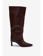 Dámské kozačky nazouvací na jehlovém podpatku s prošitím čokoládové Olyvia