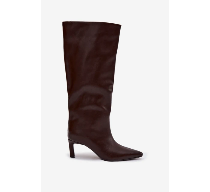 Dámské kozačky nazouvací na jehlovém podpatku s prošitím čokoládové Olyvia