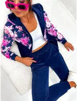 Welurowy komplet damski w róże granatowy (8210)