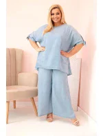Dámská souprava Plus Size z tencelu, halenka s vázáním a široké kalhoty světlý džínový Dámská souprava Plus Size z tencelu, halenka s vázáním a široké kalhoty světlý džínový