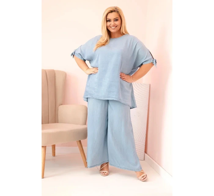 Dámská souprava Plus Size z tencelu, halenka s vázáním a široké kalhoty světlý džínový Dámská souprava Plus Size z tencelu, halenka s vázáním a široké kalhoty světlý džínový