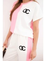 Dámský máslový komplet s oversize mikinou a širokými kalhotami světle růžová + bílá