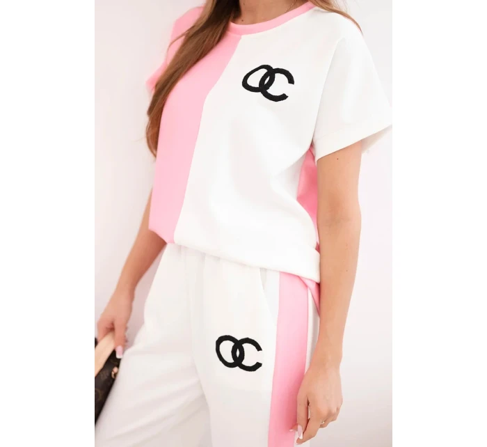 Dámský máslový komplet s oversize mikinou a širokými kalhotami světle růžová + bílá