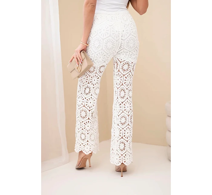 Dámské bavlněné ažurové kalhoty se širokými nohavicemi a elastickým pasem bílé
