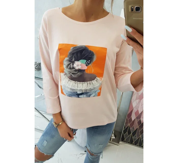 Halenka s 3D grafikou, krajková, pudrově růžová