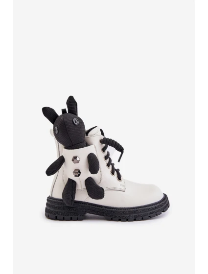 Kožené Zateplené Dětské Boty Na Zip S Medvědem Bílé Vinceza 36261