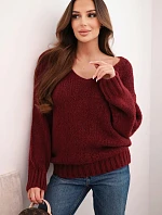 Dámský svetr s podílem vlny a výstřihem do V, bordový