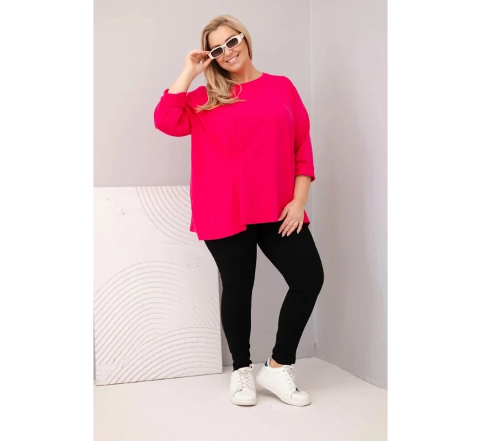 Dámská blůza plus size s bavlnou a dlouhým rukávem a nařasením fuchsie